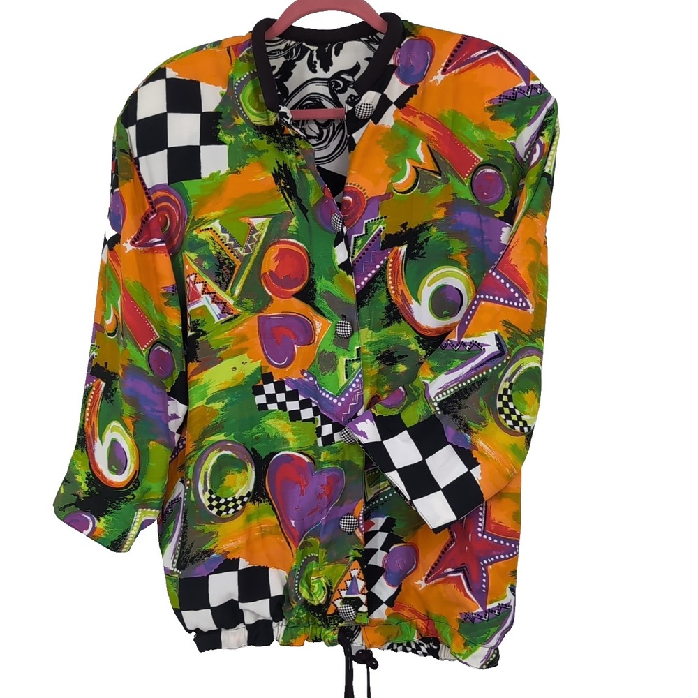 Vintage Casien Swinger Reversible Jacket Pop Art Abstract Floral Rayon Sm to Lg